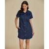 imageluvamia Denim Dresses for Women Distressed Summer Short Sleeve Button Down Collared Raw Hem Jean Shirt Dress with PocketDarkness Blue