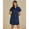 imageluvamia Denim Dresses for Women Distressed Summer Short Sleeve Button Down Collared Raw Hem Jean Shirt Dress with PocketDarkness Blue