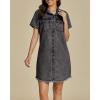imageluvamia Denim Dresses for Women Distressed Summer Short Sleeve Button Down Collared Raw Hem Jean Shirt Dress with PocketWashed Black