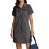 imageluvamia Denim Dresses for Women Distressed Summer Short Sleeve Button Down Collared Raw Hem Jean Shirt Dress with PocketWashed Black