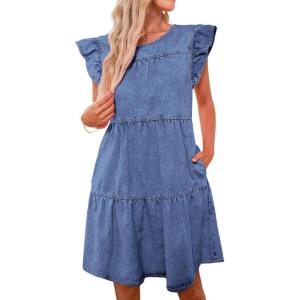 imageluvamia 2025 Denim Dress for Women Summer Babydoll Sleeveless Ruffle Sleeve Mini Dresses Loose Flowy Swing Pleated DressBay Blue