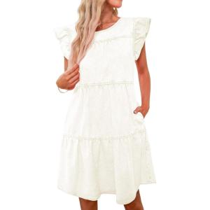 imageluvamia 2025 Denim Dress for Women Summer Babydoll Sleeveless Ruffle Sleeve Mini Dresses Loose Flowy Swing Pleated DressBrilliant White