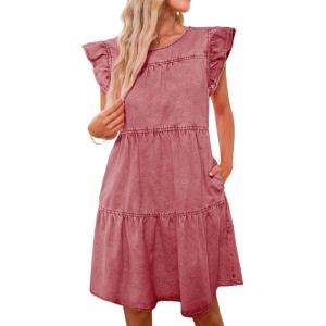 imageluvamia 2025 Denim Dress for Women Summer Babydoll Sleeveless Ruffle Sleeve Mini Dresses Loose Flowy Swing Pleated DressDesert Rose