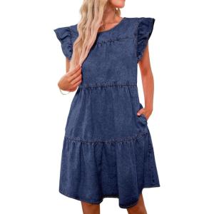 imageluvamia 2025 Denim Dress for Women Summer Babydoll Sleeveless Ruffle Sleeve Mini Dresses Loose Flowy Swing Pleated DressReef Blue