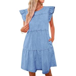 imageluvamia 2025 Denim Dress for Women Summer Babydoll Sleeveless Ruffle Sleeve Mini Dresses Loose Flowy Swing Pleated DressRoadknight Blue