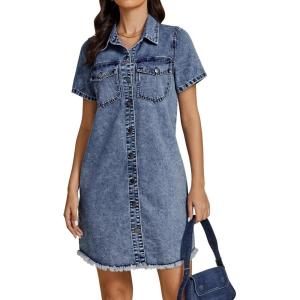 imageluvamia Denim Dresses for Women Distressed Summer Short Sleeve Button Down Collared Raw Hem Jean Shirt Dress with PocketBay Blue