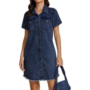 imageluvamia Denim Dresses for Women Distressed Summer Short Sleeve Button Down Collared Raw Hem Jean Shirt Dress with PocketDarkness Blue