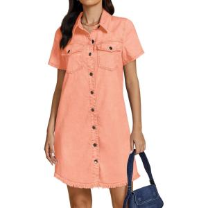 imageluvamia Denim Dresses for Women Distressed Summer Short Sleeve Button Down Collared Raw Hem Jean Shirt Dress with PocketPeach Coral