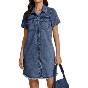 imageluvamia Denim Dresses for Women Distressed Summer Short Sleeve Button Down Collared Raw Hem Jean Shirt Dress with PocketReef Blue