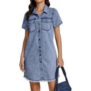 imageluvamia Denim Dresses for Women Distressed Summer Short Sleeve Button Down Collared Raw Hem Jean Shirt Dress with PocketRoadknight Blue