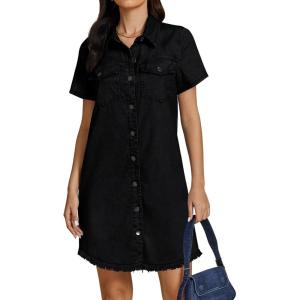 imageluvamia Denim Dresses for Women Distressed Summer Short Sleeve Button Down Collared Raw Hem Jean Shirt Dress with PocketTrue Black