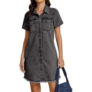 imageluvamia Denim Dresses for Women Distressed Summer Short Sleeve Button Down Collared Raw Hem Jean Shirt Dress with PocketWashed Black