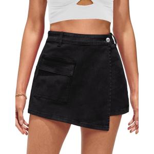 imageluvamia Denim Skorts for Woman Cargo Faux Wrap Jean Skort Skirts Stretchy High Waisted Skirt Shorts Country Concert WearTrue Black