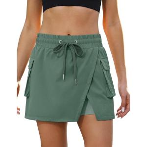imageluvamia Tennis Skorts for Woman High Waisted Athletic Cargo Pull On Elastic Waist Stretchy Wrap Golf Skirts with ShortsBasil Green