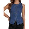 imageluvamia Denim Vest for Women Sleeveless Strechy Jean Vest Top Button Down Crewneck Casual Summer Western Tank WaistcoatClassic Blue