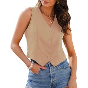 imageluvamia Vest Tops for Women Trendy Fashion Casual Summer Cropped Dressy Suit Vest Button Up Sleeveless Waistcoat VestsBeige