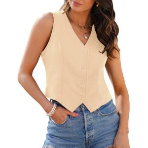 imageluvamia Vest Tops for Women Trendy Fashion Casual Summer Cropped Dressy Suit Vest Button Up Sleeveless Waistcoat VestsPearl Ivory