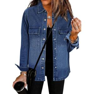 imageluvamia 2025 Spring Jean Jackets for Women Fashion Oversized Button Down Denim Jacket Western Shacket Jacket with PocketsClassic Blue
