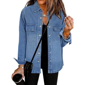 imageluvamia 2025 Spring Jean Jackets for Women Fashion Oversized Button Down Denim Jacket Western Shacket Jacket with PocketsMedium Blue