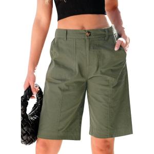 imageluvamia Bermuda Shorts for Women Knee Length High Waisted Cotton Elastic Wasit Summer Dressy Casual Long Chino ShortsArmy Green