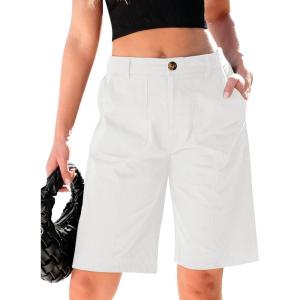imageluvamia Bermuda Shorts for Women Knee Length High Waisted Cotton Elastic Wasit Summer Dressy Casual Long Chino ShortsCream White