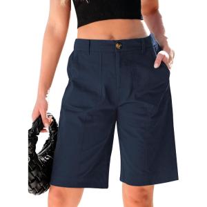imageluvamia Bermuda Shorts for Women Knee Length High Waisted Cotton Elastic Wasit Summer Dressy Casual Long Chino ShortsDark Blue