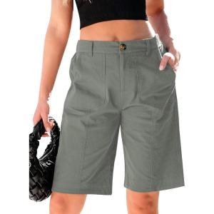 imageluvamia Bermuda Shorts for Women Knee Length High Waisted Cotton Elastic Wasit Summer Dressy Casual Long Chino ShortsGray Green