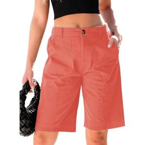 imageluvamia Bermuda Shorts for Women Knee Length High Waisted Cotton Elastic Wasit Summer Dressy Casual Long Chino ShortsSpiced Coral