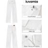 imageluvamia Wide Leg Jeans Woman High Waisted Trendy Stretchy Denim Work Trouser Jeans with Retro Button Flap Patch PocketsCream White