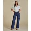 imageluvamia Wide Leg Jeans Woman High Waisted Trendy Stretchy Denim Work Trouser Jeans with Retro Button Flap Patch PocketsDark Blue