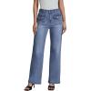 imageluvamia Wide Leg Jeans Woman High Waisted Trendy Stretchy Denim Work Trouser Jeans with Retro Button Flap Patch PocketsBay Blue