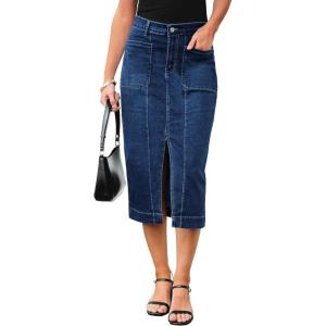 imageluvamia Jean Skirts for Women Denim Trendy Casual Stretchy High Waisted Midi Front Pockets Below Knee Skirt with SlitClassic Blue