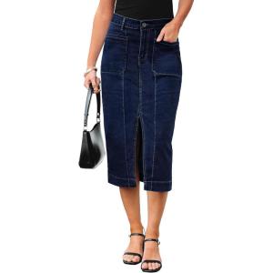 imageluvamia Jean Skirts for Women Denim Trendy Casual Stretchy High Waisted Midi Front Pockets Below Knee Skirt with SlitNightfall Blue