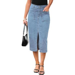 imageluvamia Jean Skirts for Women Denim Trendy Casual Stretchy High Waisted Midi Front Pockets Below Knee Skirt with SlitRoadknight Blue