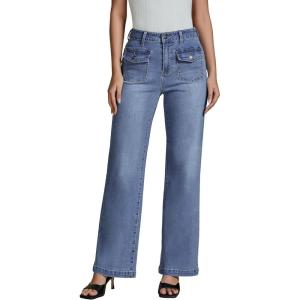 imageluvamia Wide Leg Jeans Woman High Waisted Trendy Stretchy Denim Work Trouser Jeans with Retro Button Flap Patch PocketsBay Blue