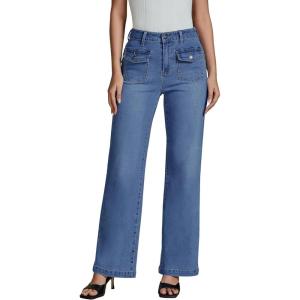 imageluvamia Wide Leg Jeans Woman High Waisted Trendy Stretchy Denim Work Trouser Jeans with Retro Button Flap Patch PocketsClassic Blue