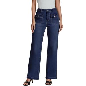 imageluvamia Wide Leg Jeans Woman High Waisted Trendy Stretchy Denim Work Trouser Jeans with Retro Button Flap Patch PocketsDark Blue