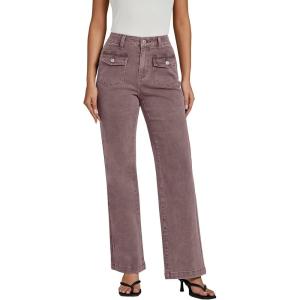 imageluvamia Wide Leg Jeans Woman High Waisted Trendy Stretchy Denim Work Trouser Jeans with Retro Button Flap Patch PocketsPecan Brown