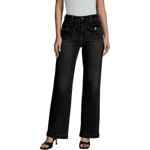 imageluvamia Wide Leg Jeans Woman High Waisted Trendy Stretchy Denim Work Trouser Jeans with Retro Button Flap Patch PocketsWashed Black