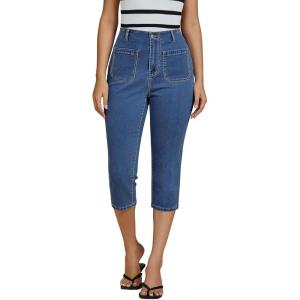 imageluvamia Capris Jeans for Women Trendy High Waisted Patch Pocket Casual Summer Cropped Stretchy Denim Skinny Capri PantsClassic Blue