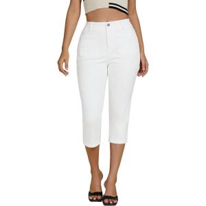imageluvamia Capris Jeans for Women Trendy High Waisted Patch Pocket Casual Summer Cropped Stretchy Denim Skinny Capri PantsCream White