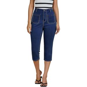 imageluvamia Capris Jeans for Women Trendy High Waisted Patch Pocket Casual Summer Cropped Stretchy Denim Skinny Capri PantsDarkness Blue