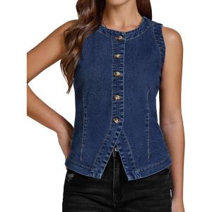 imageluvamia Denim Vest for Women Sleeveless Strechy Jean Vest Top Button Down Crewneck Casual Summer Western WaistcoatNightfall Blue