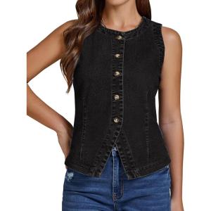 imageluvamia Denim Vest for Women Sleeveless Strechy Jean Vest Top Button Down Crewneck Casual Summer Western WaistcoatVintage Black