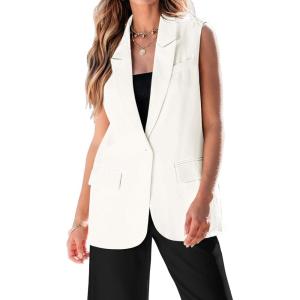 imageluvamia Long Vest for Women 2025 Spring Business Casual Sleeveless Open Front Blazers Suit Vests Top Pockets Work OfficeCream White