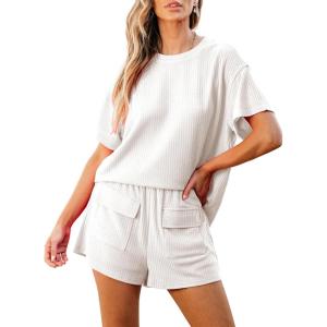 imageluvamia Lounge Sets for Women 2 Piece Casual Summer Outfit Knitted Tops Matching Shorts with Pockets Comfy Co Ord Sets