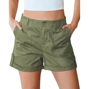 imageluvamia Shorts for Women High Waisted Dressy Casual Summer Elastic Waist Comfy Rolled Hem Stretch Twill Pocket ShortsArmy Green
