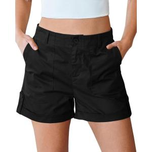 imageluvamia Shorts for Women High Waisted Dressy Casual Summer Elastic Waist Comfy Rolled Hem Stretch Twill Pocket ShortsBlack
