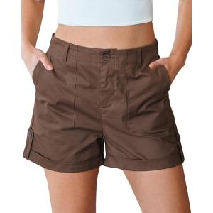 imageluvamia Shorts for Women High Waisted Dressy Casual Summer Elastic Waist Comfy Rolled Hem Stretch Twill Pocket ShortsBrown