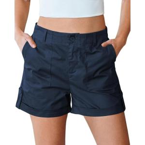 imageluvamia Shorts for Women High Waisted Dressy Casual Summer Elastic Waist Comfy Rolled Hem Stretch Twill Pocket ShortsNavy Blue